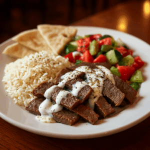 Halal beef gyro platter with rice and Greek salad - Mediterranean food Boston