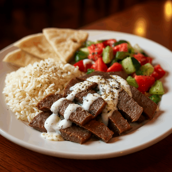 Halal beef gyro platter with rice and Greek salad - Mediterranean food Boston