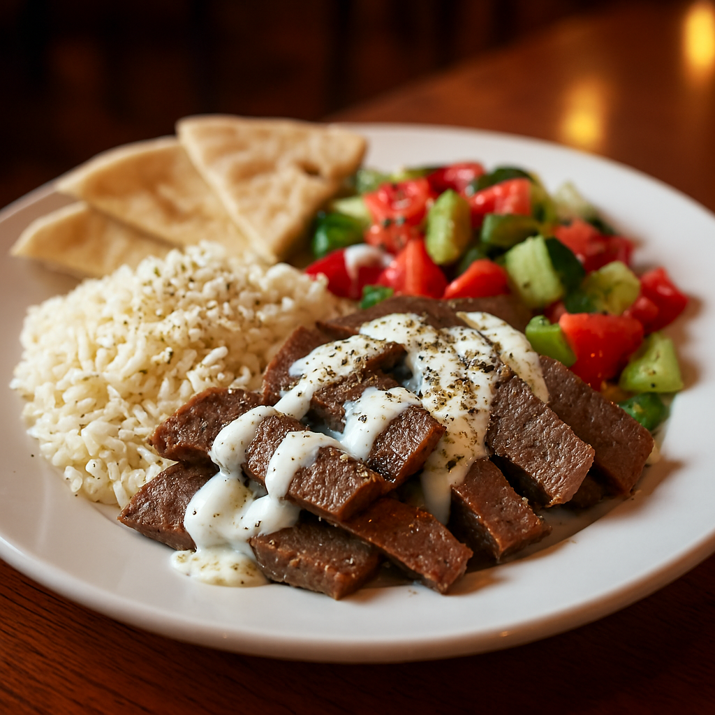 Halal beef gyro platter with rice and Greek salad - Mediterranean food Boston