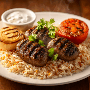 Turkish beef kofte meatballs halal - Fire-grilled with rice Boston