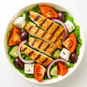 Greek salad with grilled chicken halal - Healthy Mediterranean Boston