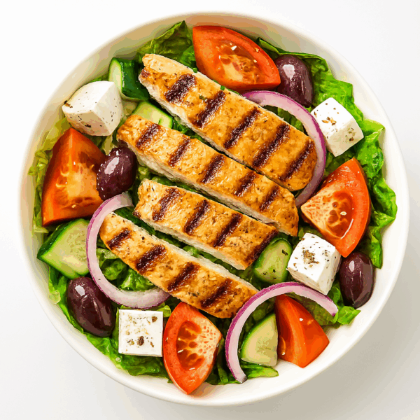 Greek salad with grilled chicken halal - Healthy Mediterranean Boston
