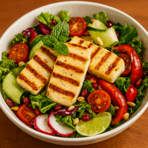 Grilled halloumi salad vegetarian - Mediterranean cheese Boston
