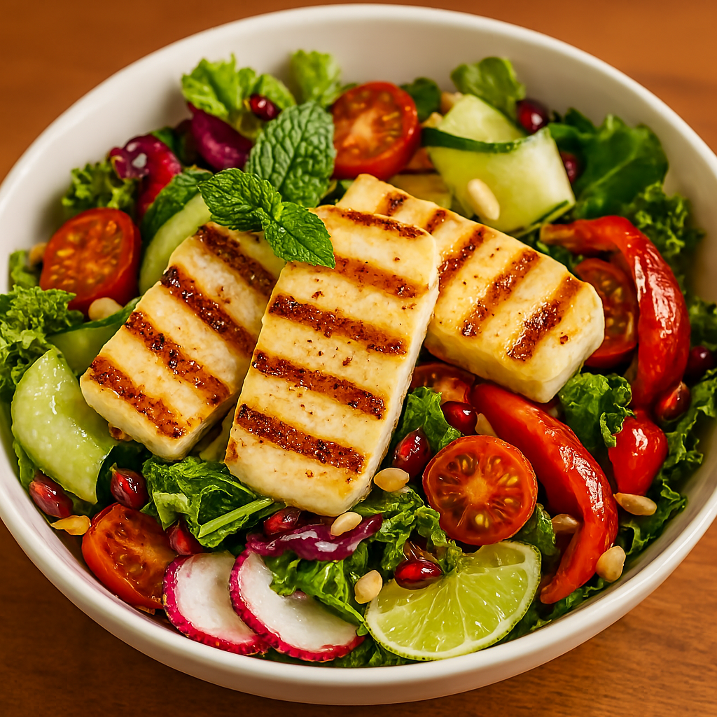 Grilled halloumi salad vegetarian - Mediterranean cheese Boston