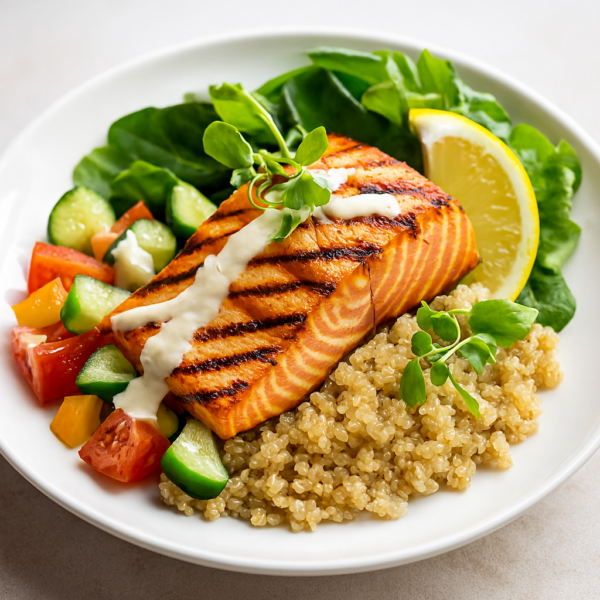 Grilled salmon bowl halal - Healthy Mediterranean seafood Boston