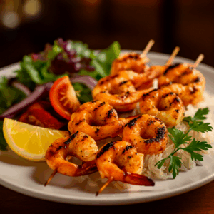 Grilled shrimp skewers halal - Premium Mediterranean seafood Boston