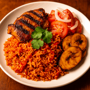 Jollof rice with grilled chicken halal - West African food Boston