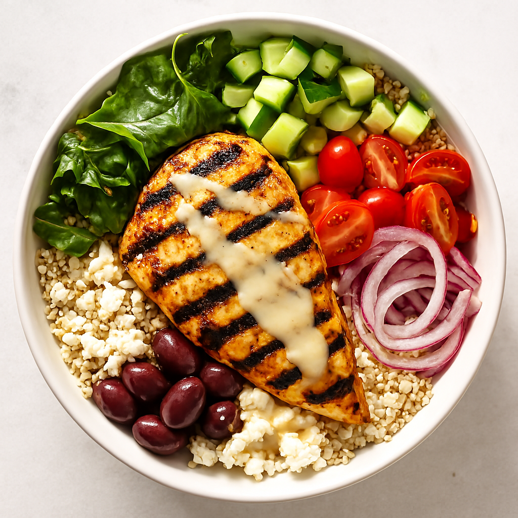 Mediterranean grilled chicken bowl halal - Healthy lunch Boston