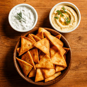 Pita chips with tzatziki hummus halal - Mediterranean appetizer Boston