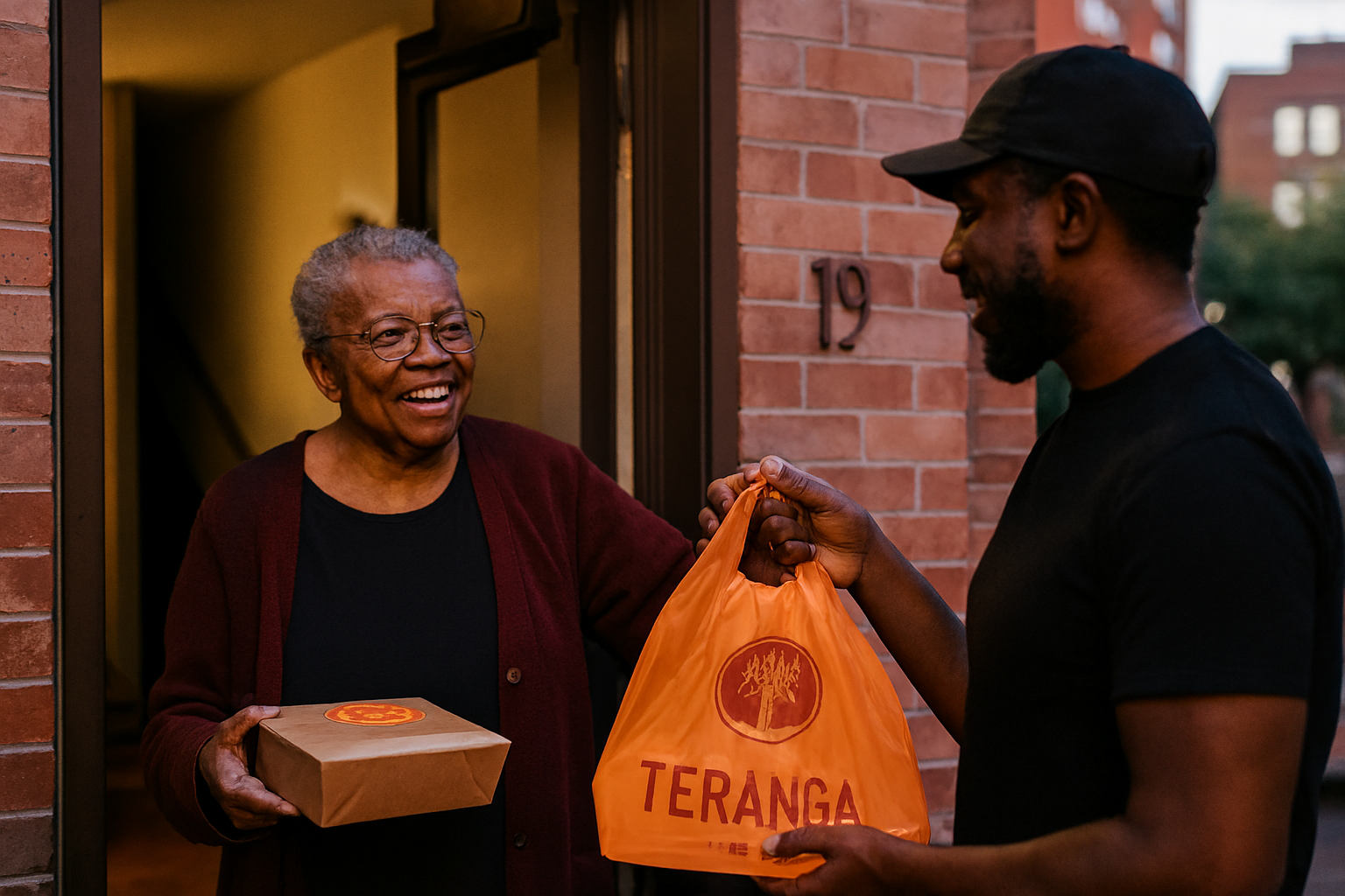 Teranga Grill staff delivering halal meals to Boston senior at apartment door