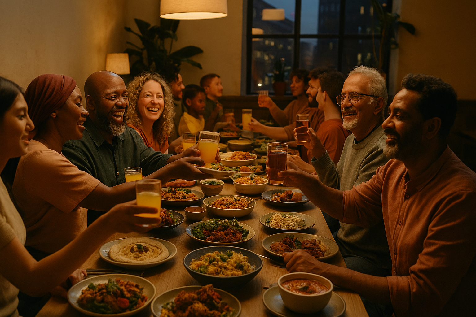 Diverse Boston neighbors sharing halal dishes at a communal table inside Teranga Grill