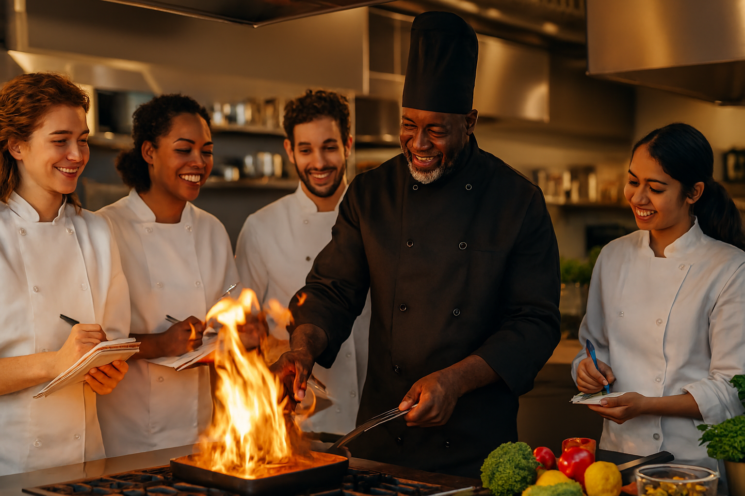 Diverse Boston youth learning culinary skills in a professional halal kitchen at Teranga Grill