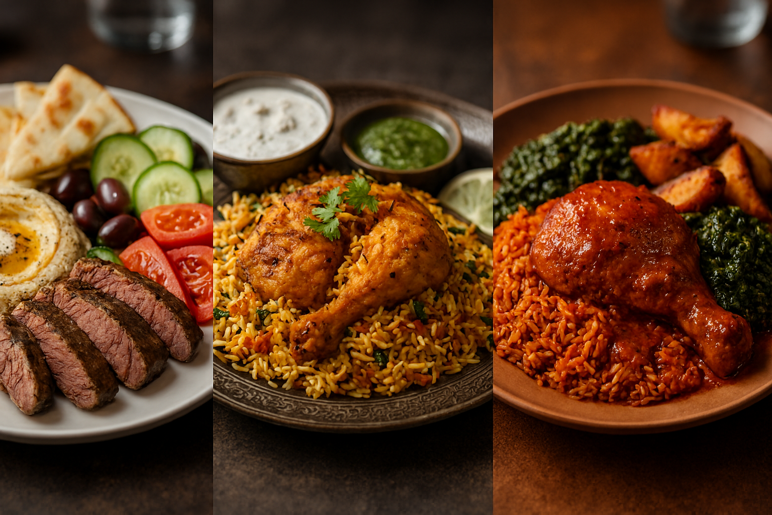 Three distinct dishes representing Teranga Grill's three cuisines: Mediterranean mezze platter, Indian biryani with raita, and West African jollof rice with sauce