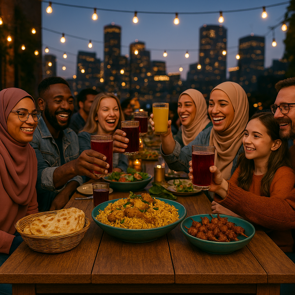 Diverse community group sharing halal Biryani and Chicken Suya at a festive outdoor dinner event in Boston