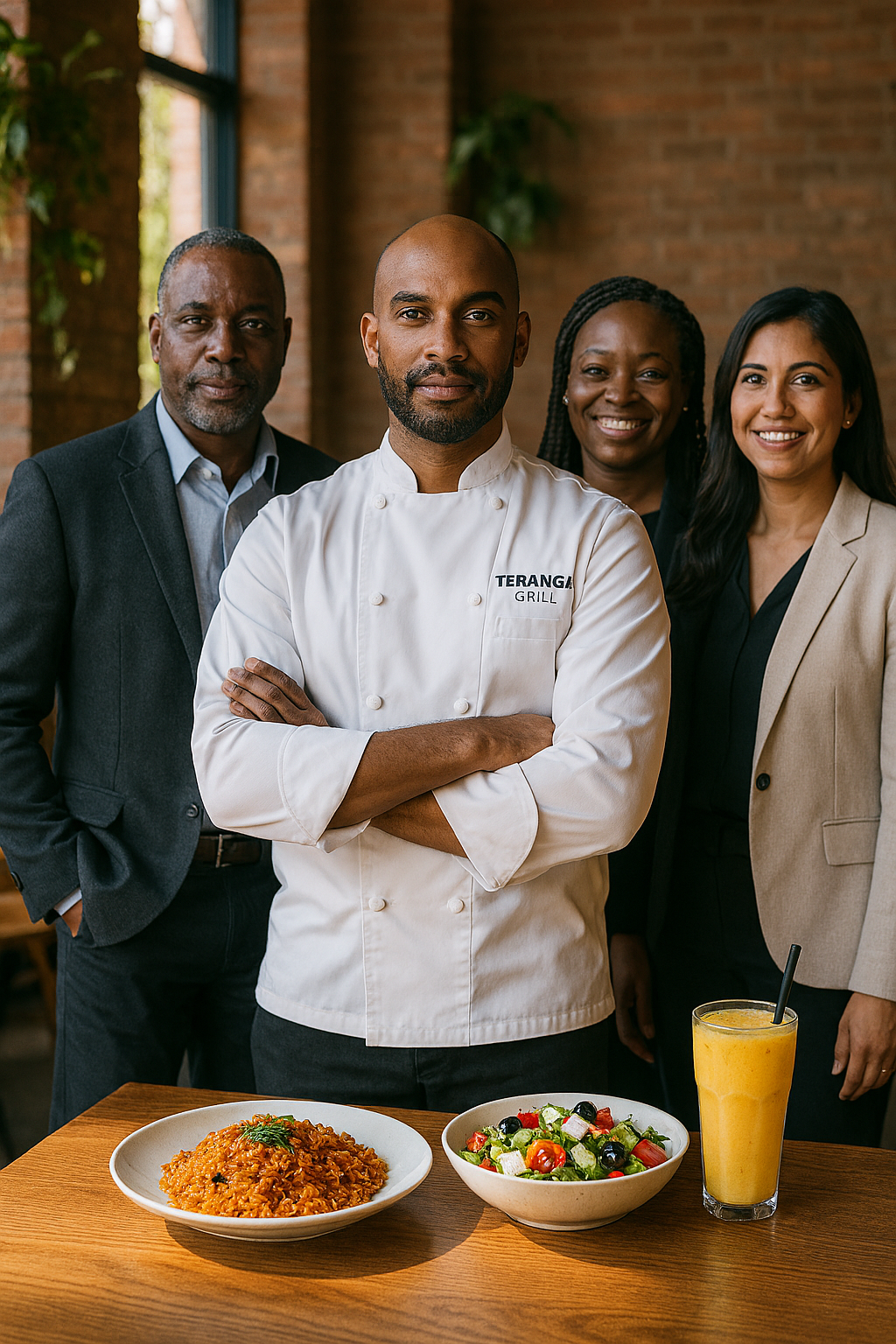 Teranga Grill executive leadership team and chef standing with plates of Jollof Rice and Greek Salad in Boston restaurant