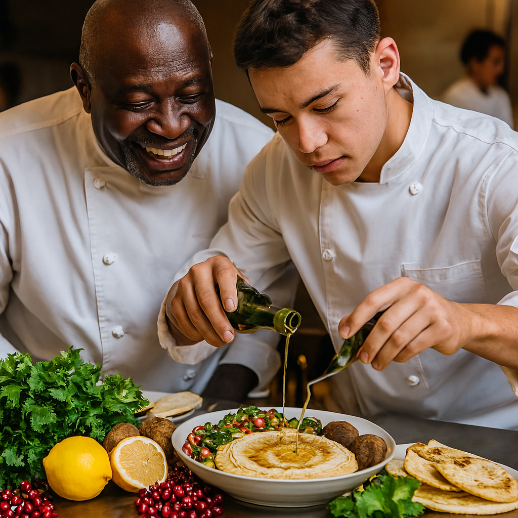 Chef mentoring youth apprentice in Teranga Grill kitchen plating Mediterranean hummus and halal cuisine for culinary training program
